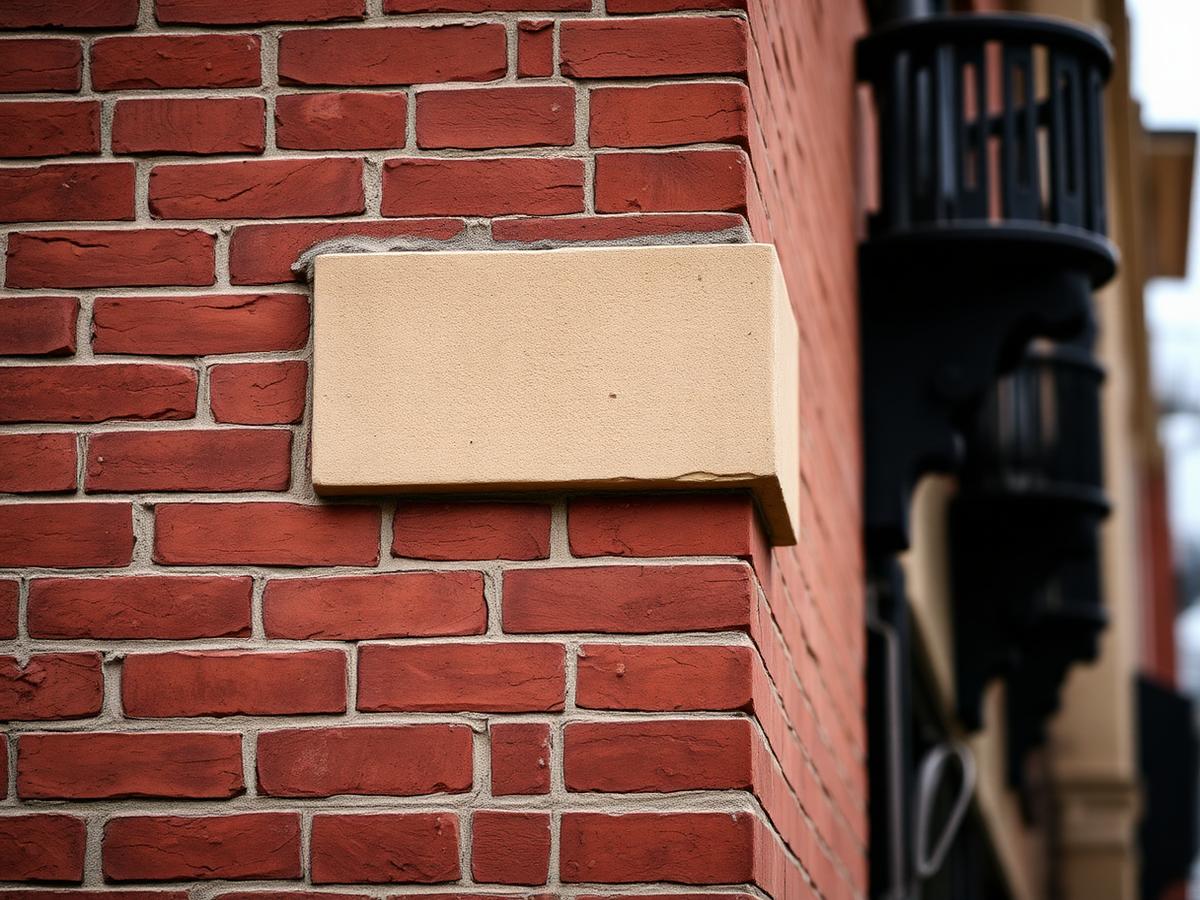 Detail of a weathered red brick wall with a sandstone lintel on a historic building